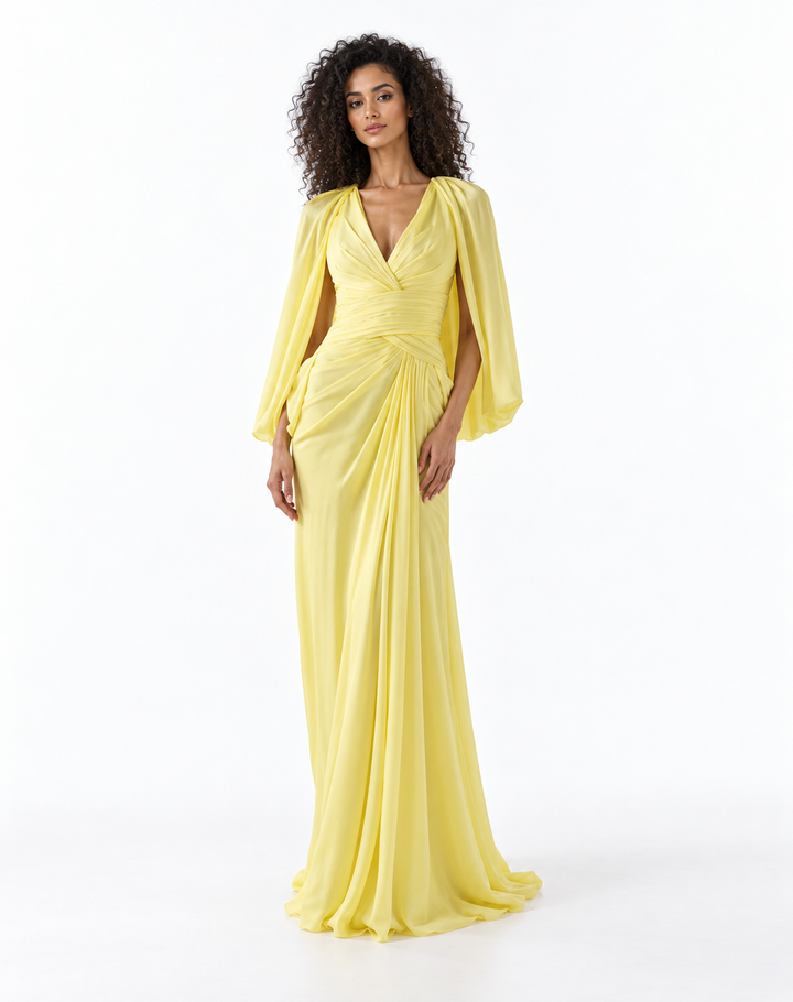 Ruched V-Neck Cape Evening Gown - Solaria