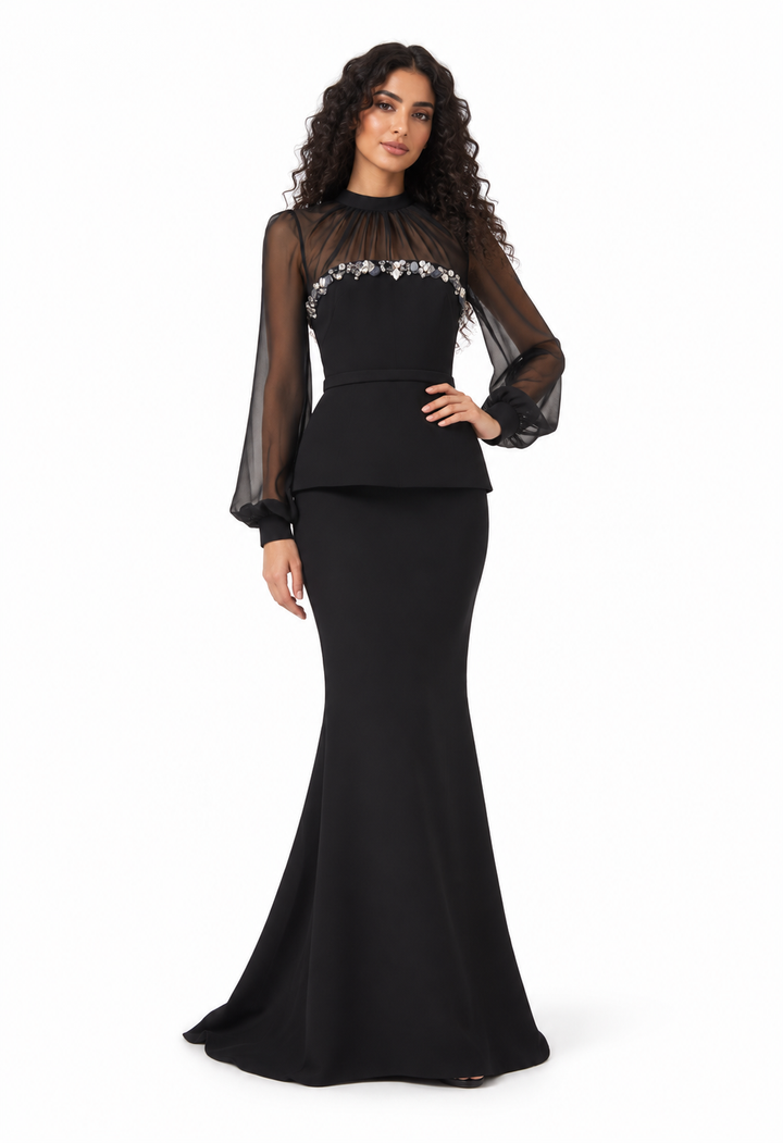 Embellished Sheer Sleeve Evening Gown - Noirevia
