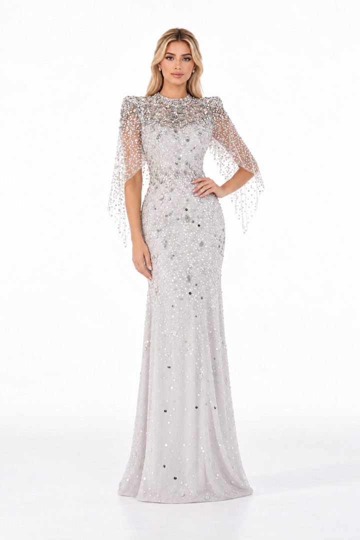 Embellished Cape Sleeve Fishtail Maxi Dress – Aurevine