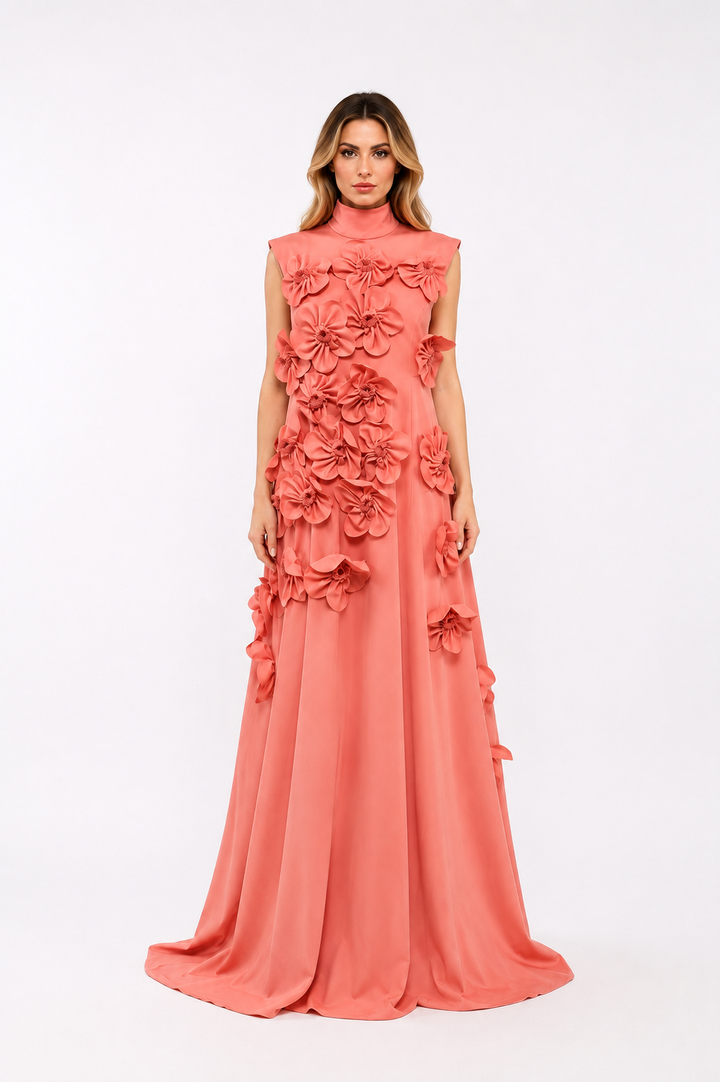 Floral Appliqué A-Line Gown – Rose