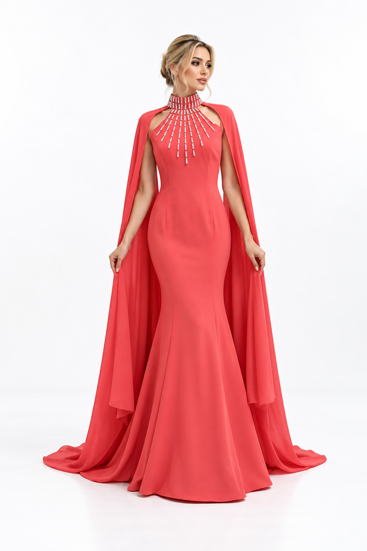 Crystal High-Neck Cape Evening Gown - Solara