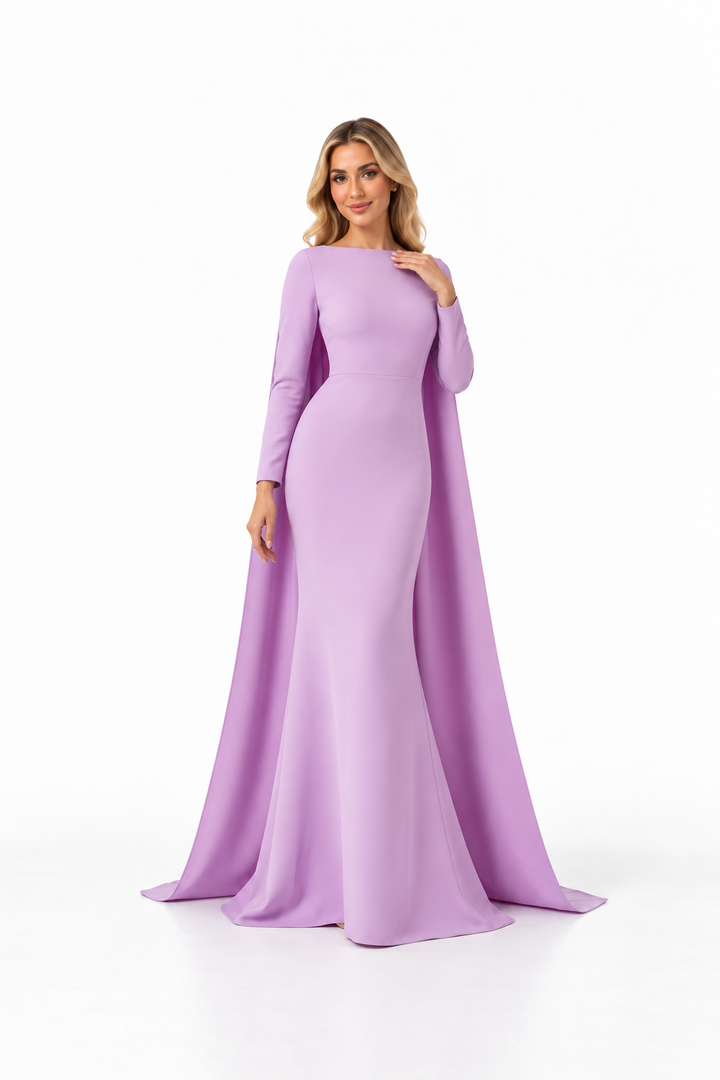 Long-sleeve cape gown with fitted waist – ODD- AMETHYST