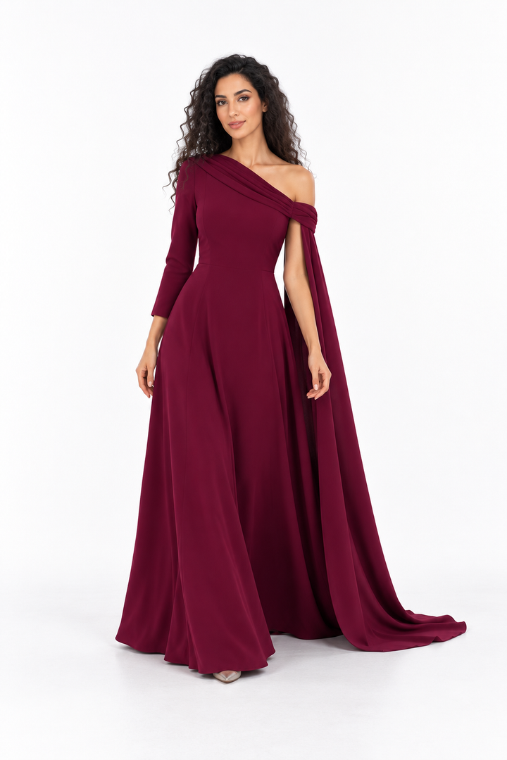 One-Shoulder Cape Evening - Burgundelle