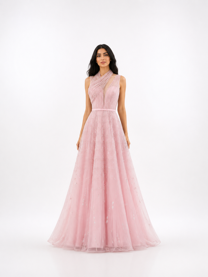 Embellished Halter Tulle Gown – ROSÉ