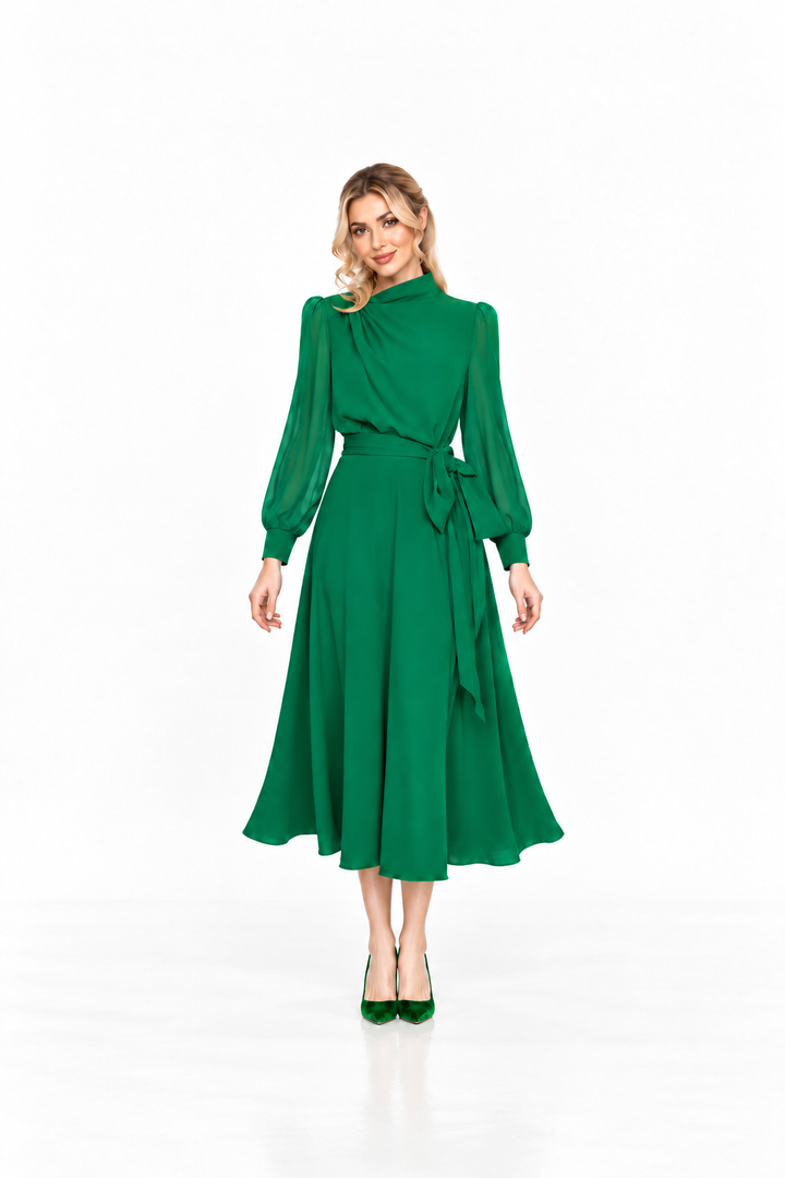 High-Neck Belted Midi Dress - Emeraldine