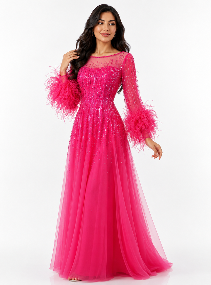Feather Cuff Sequin Tulle Gown – FUCHSIA