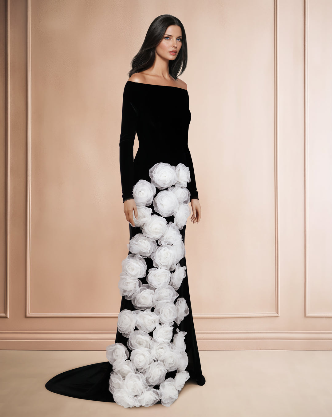 Shoulder-off column dress with 3D flowers and a train