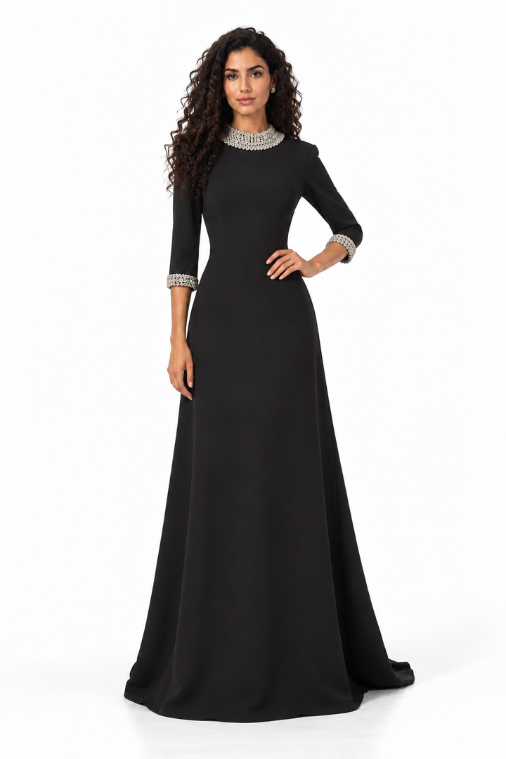 Black Crystal Embellished Evening Maxi Dress - Olivia
