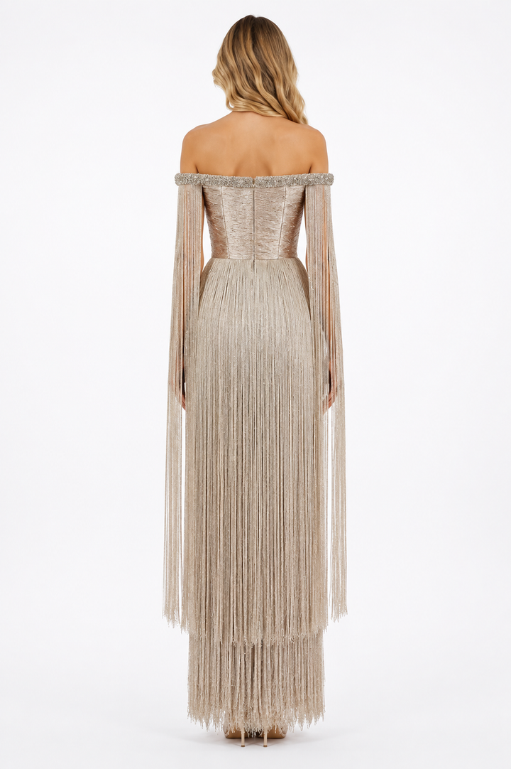 Crystal Fringe Off-Shoulder Gown – CHAMPAGNA