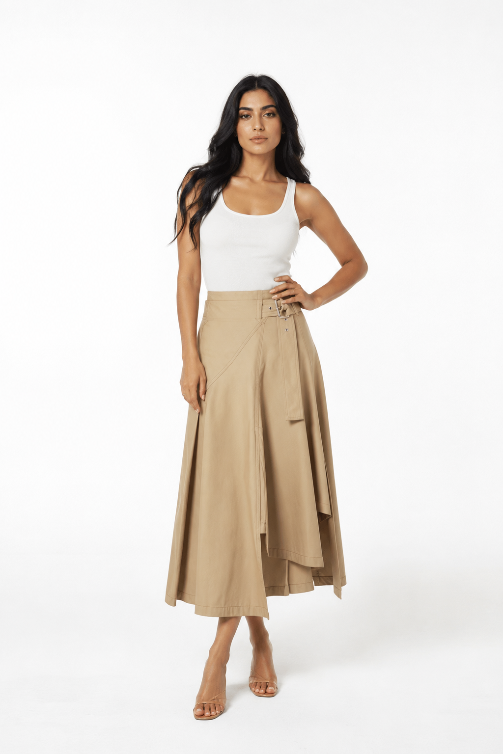 Asymmetric Belted Maxi Skirt – Sand