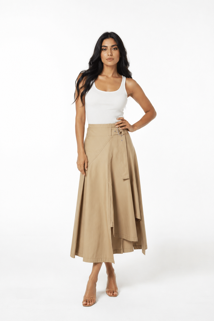 Asymmetric Belted Maxi Skirt – Sand