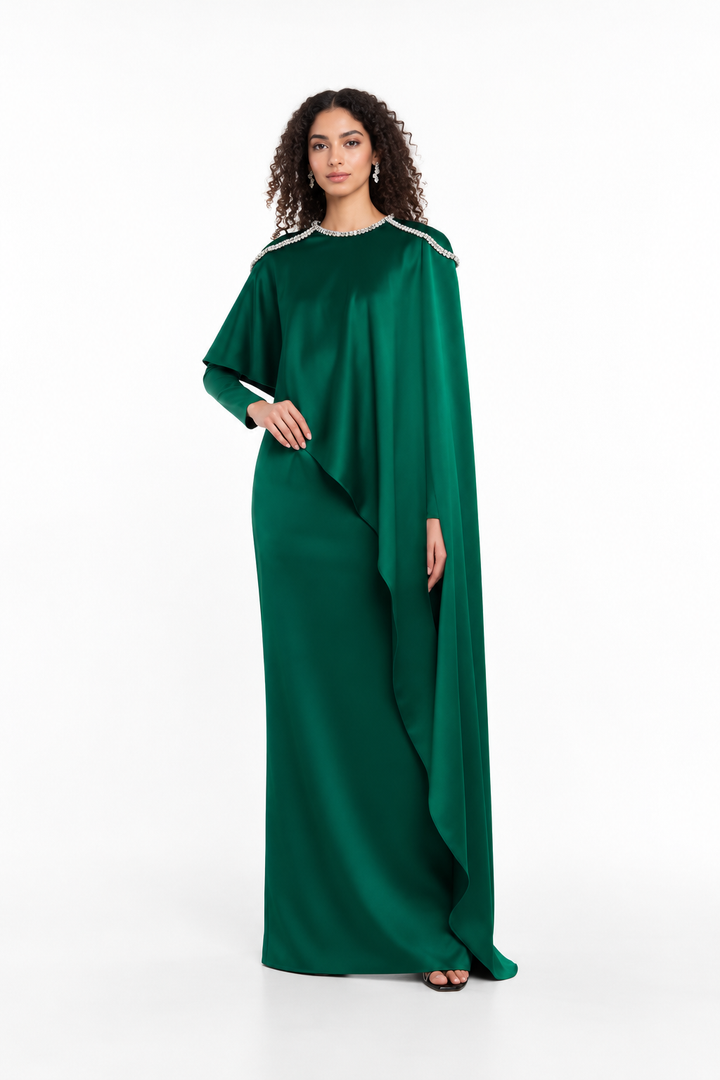 Crystal Trim Draped Cape Evening Gown - Esmerelle