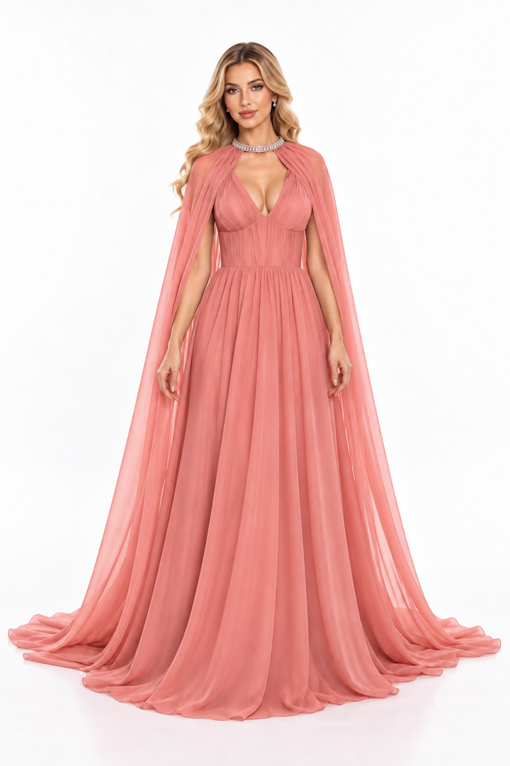 Pleated V-Neck Cape Gown - Rosewood