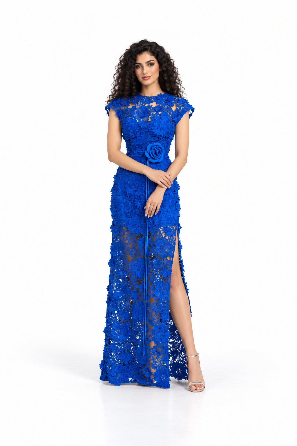 Floral Lace Slit Evening Gown - Cobalisse