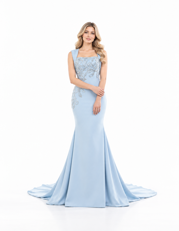 Embellished Square Neck Fishtail Maxi Dress – Elara
