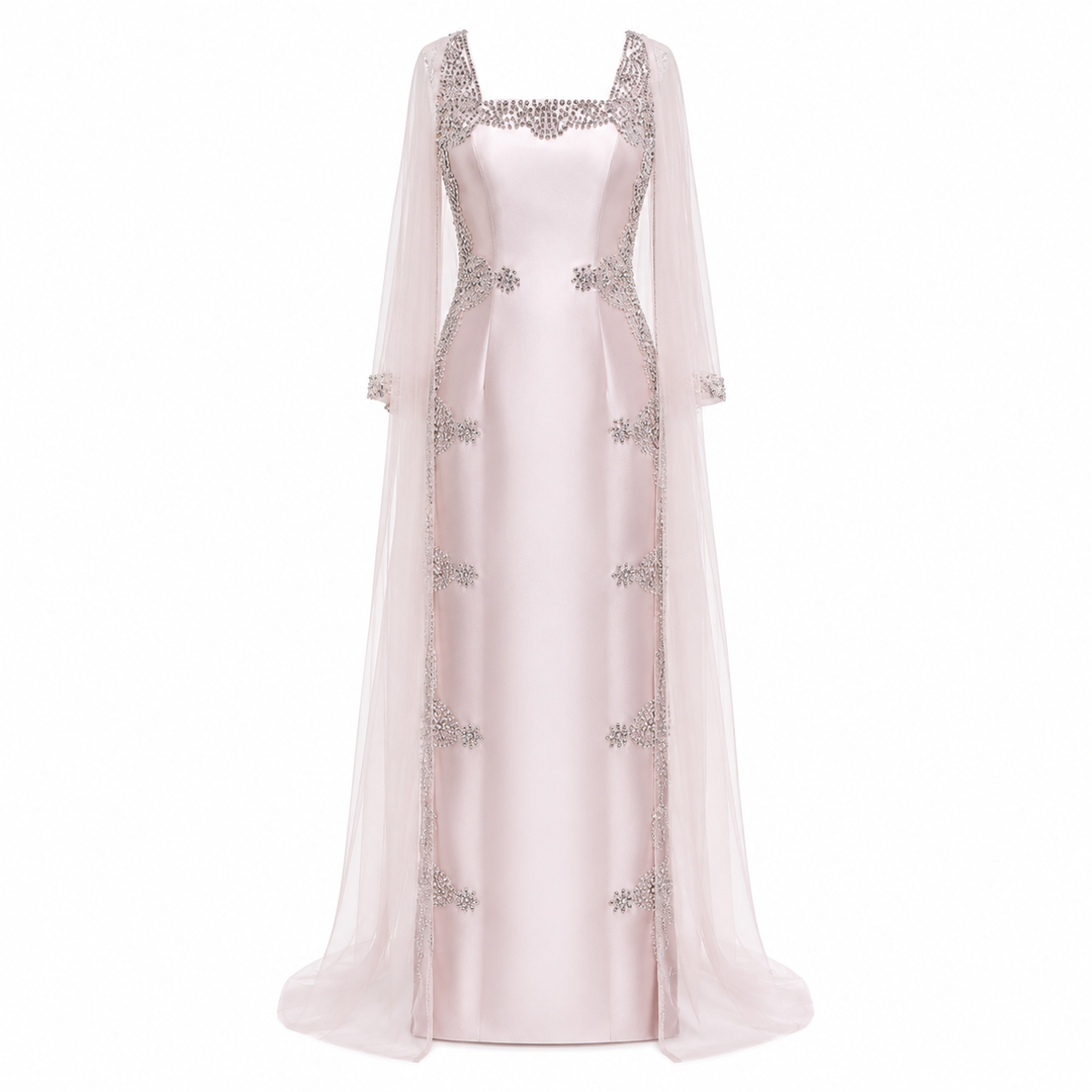 Embellished Cape Evening Gown – SERAPHINE