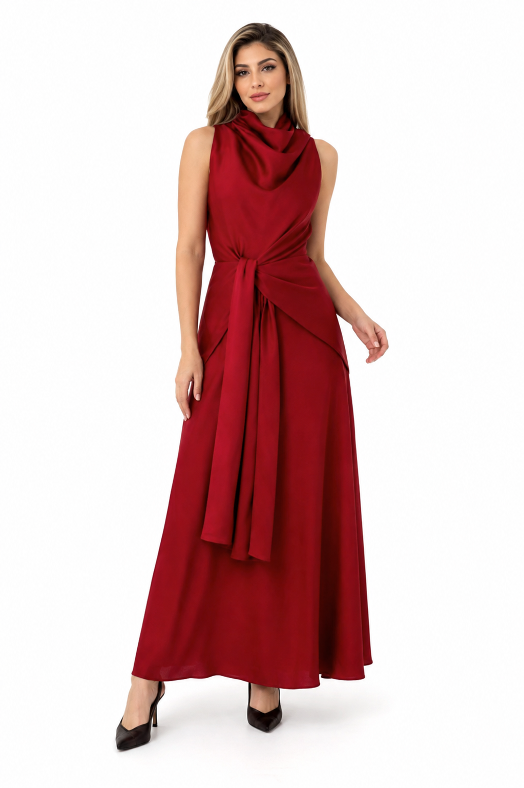 Draped Cowl Neck Tie-Waist Maxi Dress – RUBELLA