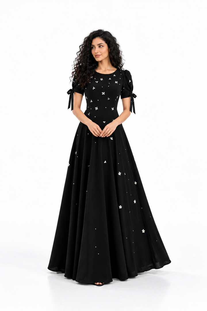 Embellished Bow Sleeve A-Line Evening Dress - Starlisse