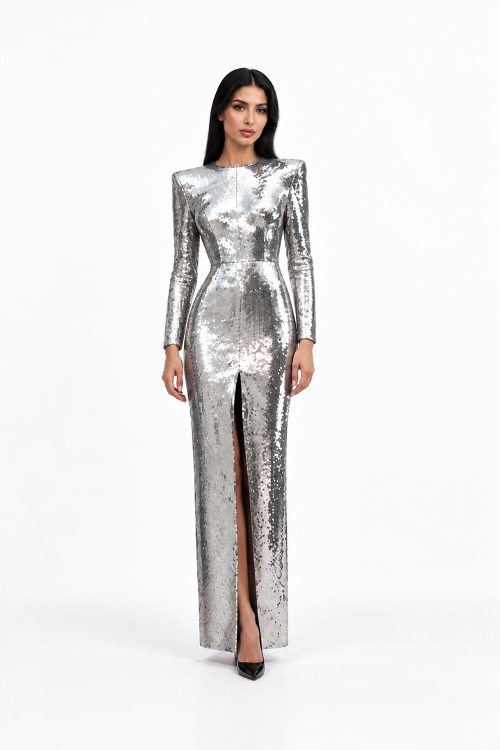 Metallic Long Sleeve Column Maxi Dress – Argentia