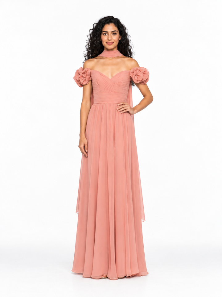 Floral Shoulder Chiffon Evening Gown - Roselune