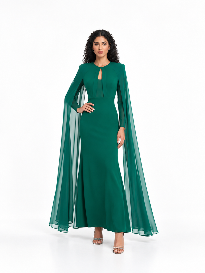 Keyhole Cape Sleeve Evening Gown - Verdancia