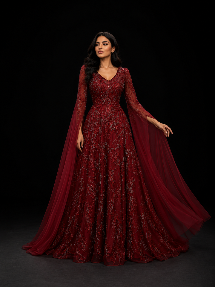 Embellished Cape Sleeve Gown – RUBINA
