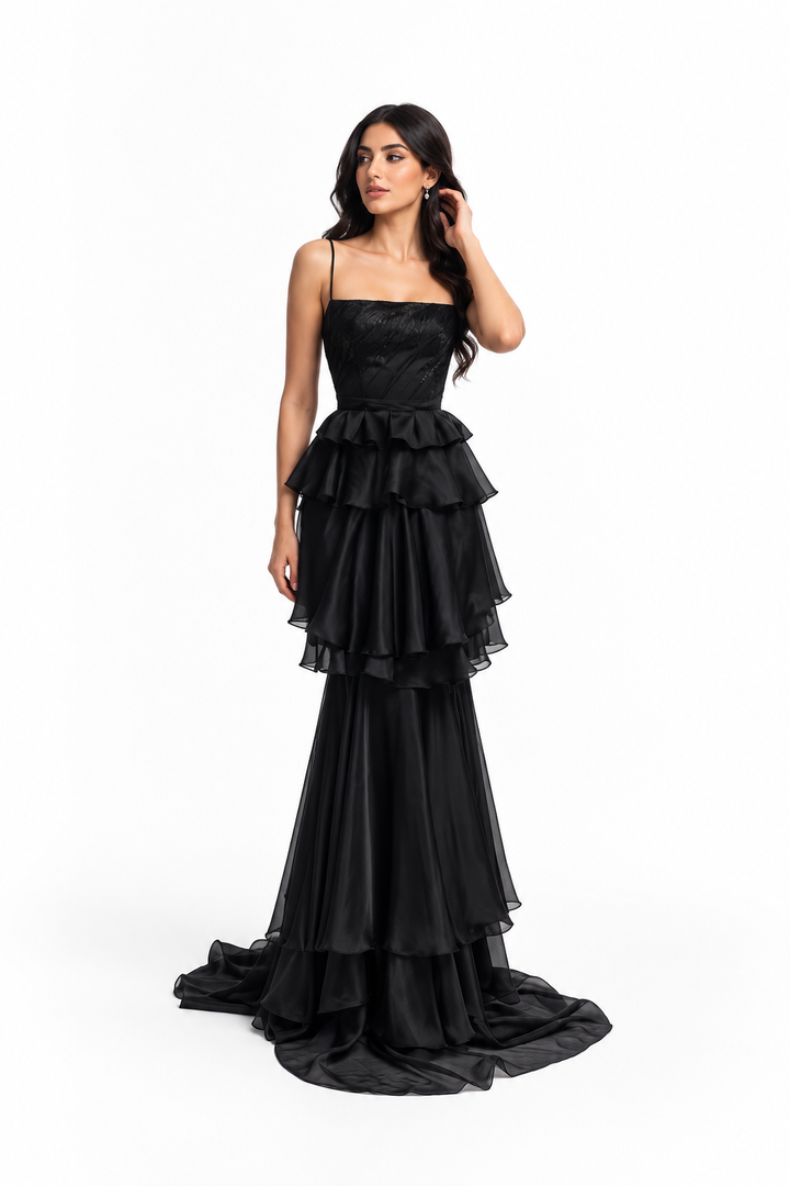 Tiered Ruffle Satin Evening - Nocturne
