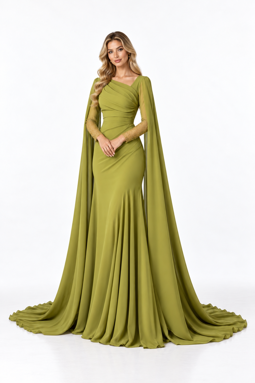 Draped Cape Sleeve Evening - Olive