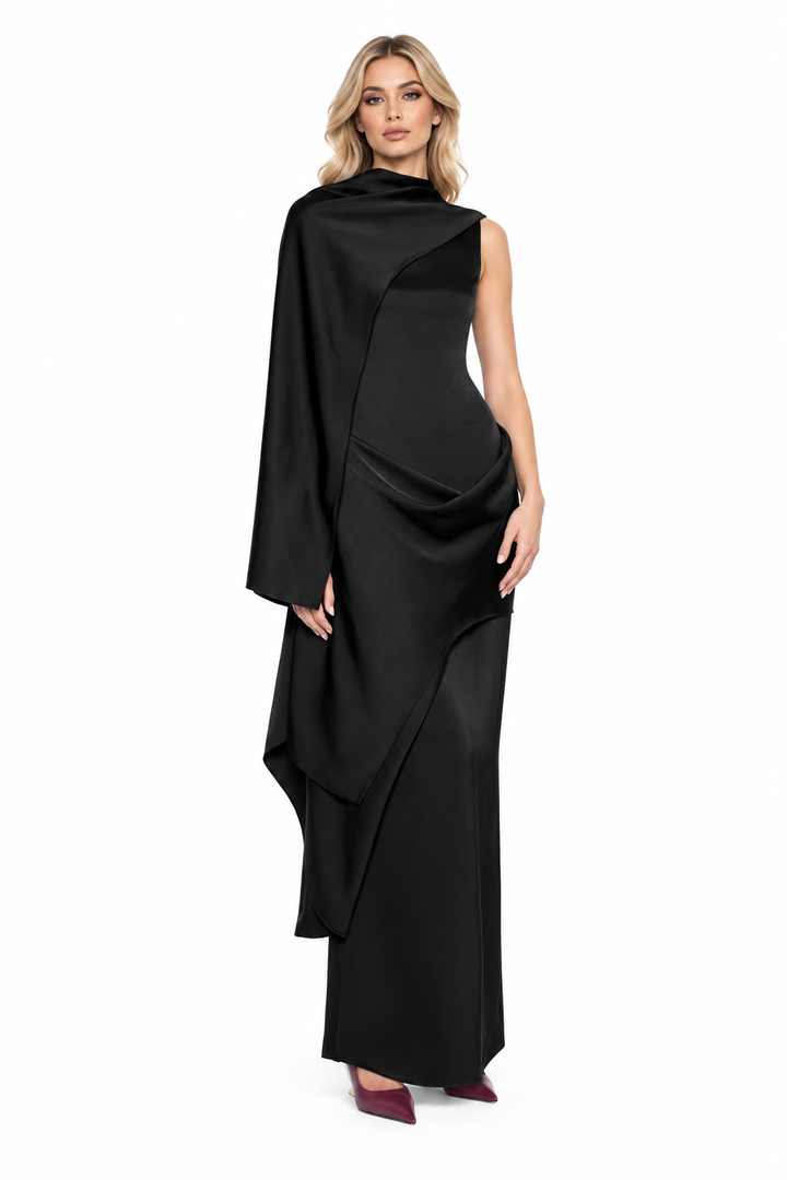 Asymmetric Draped One-Sleeve Evening Gown - Obsidienne