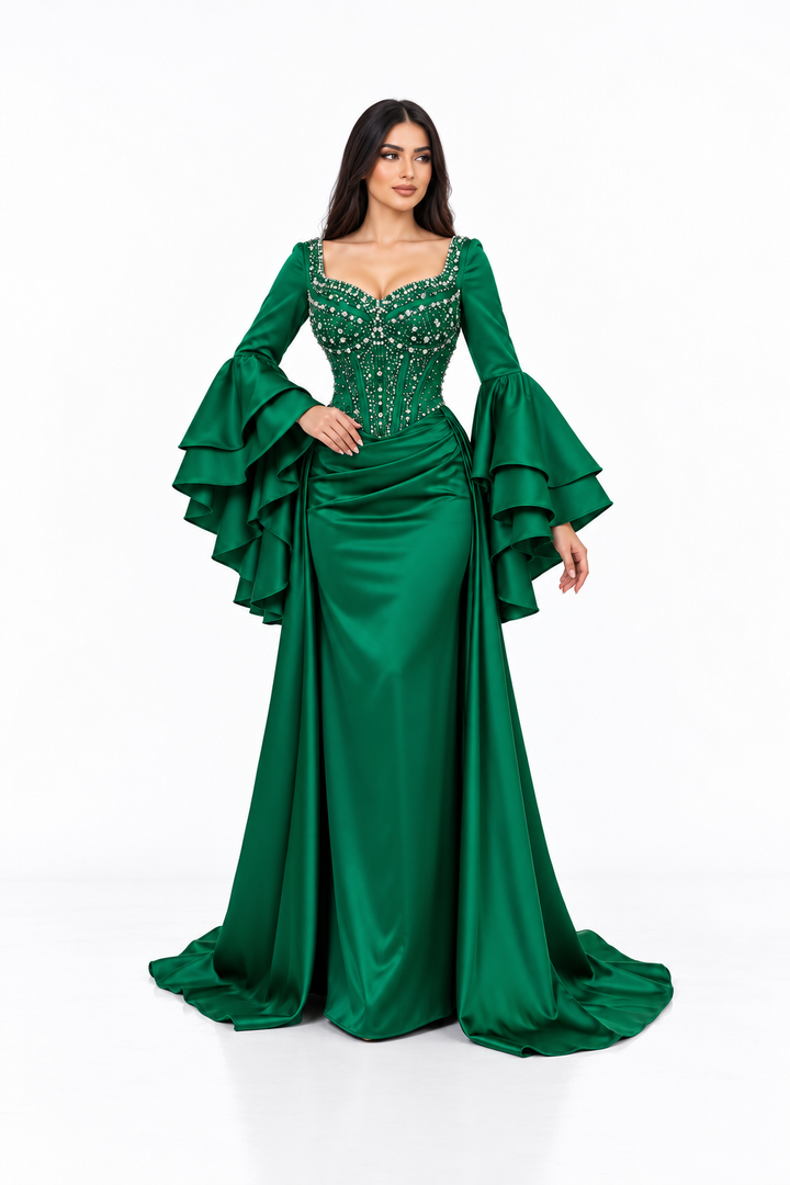 Embellished Corset Bell Sleeve Satin Maxi Dress – Evelisse