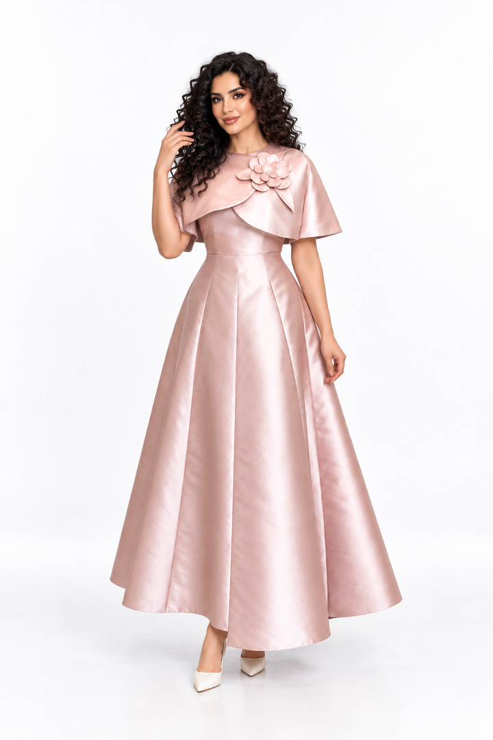 Floral Collar Satin Midi - Rosette