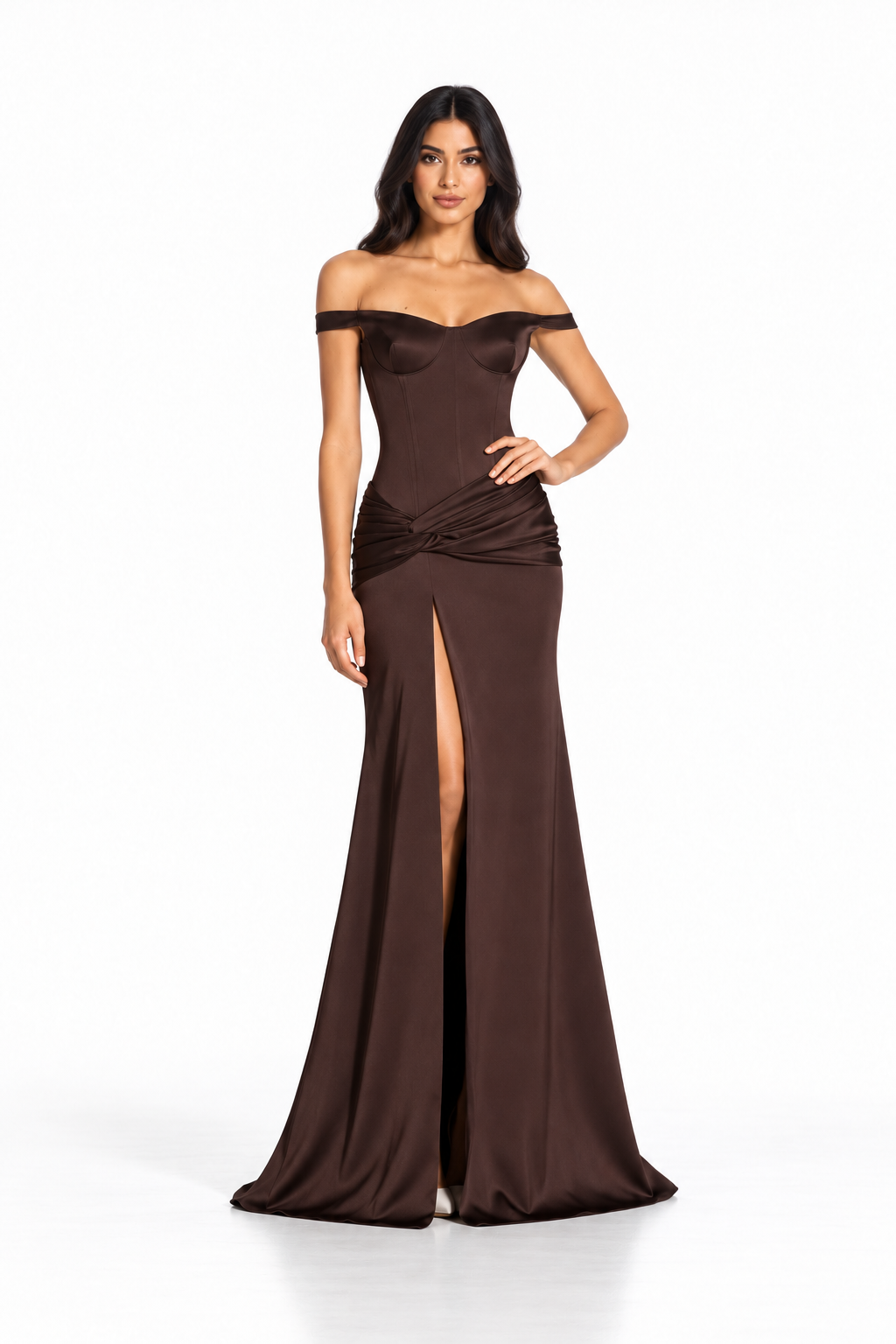 Chocolate Brown Off-Shoulder Corset Maxi Dress - Mocha
