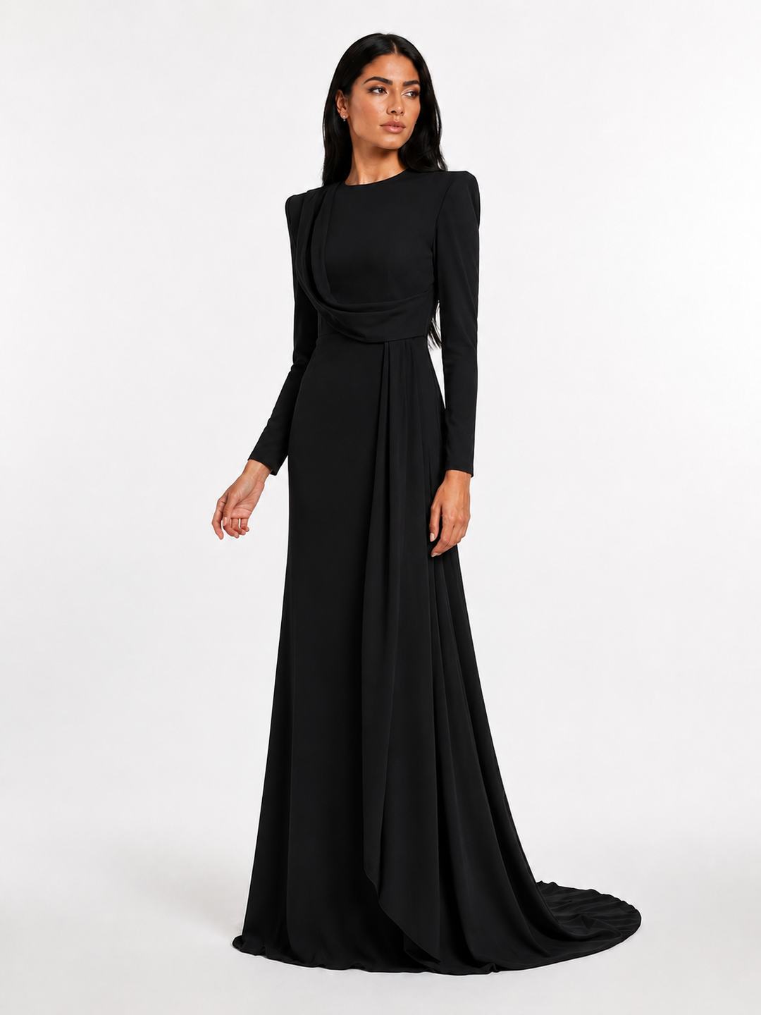 Draped Long Sleeve Maxi Gown - Pearl