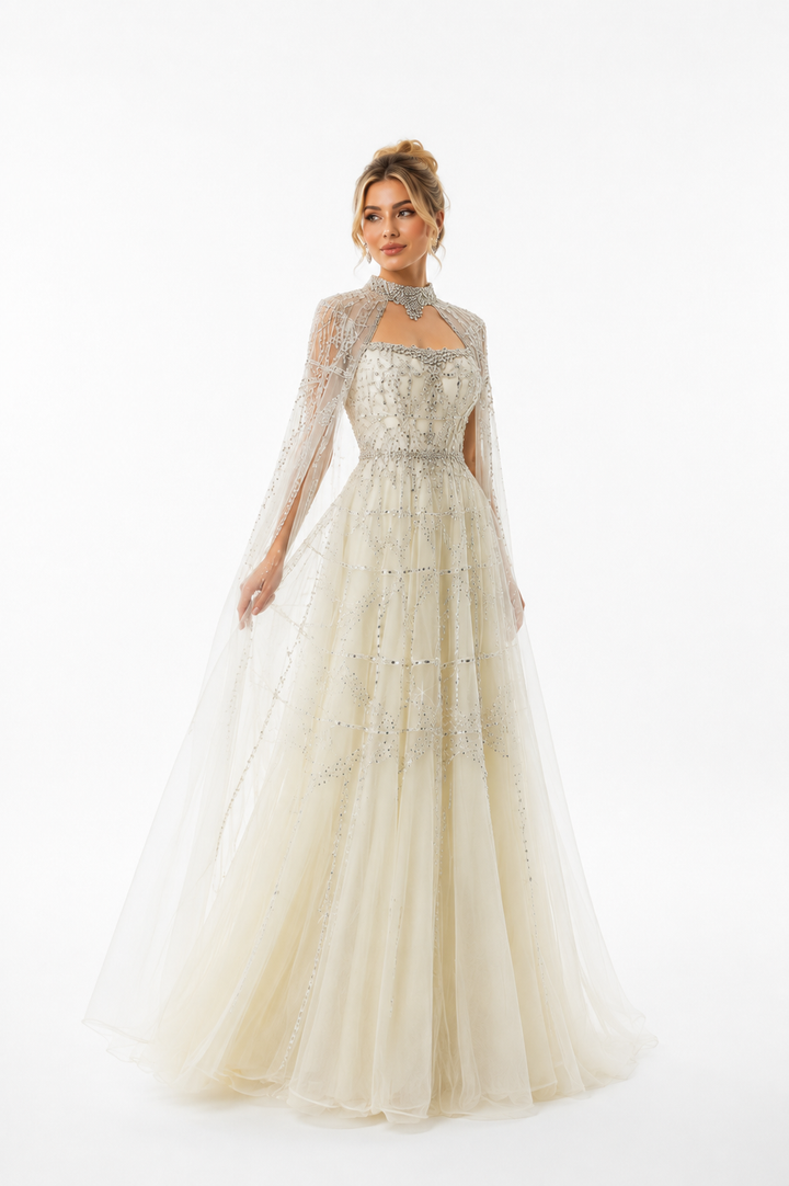 Embellished Cape Evening Gown – SCARLET