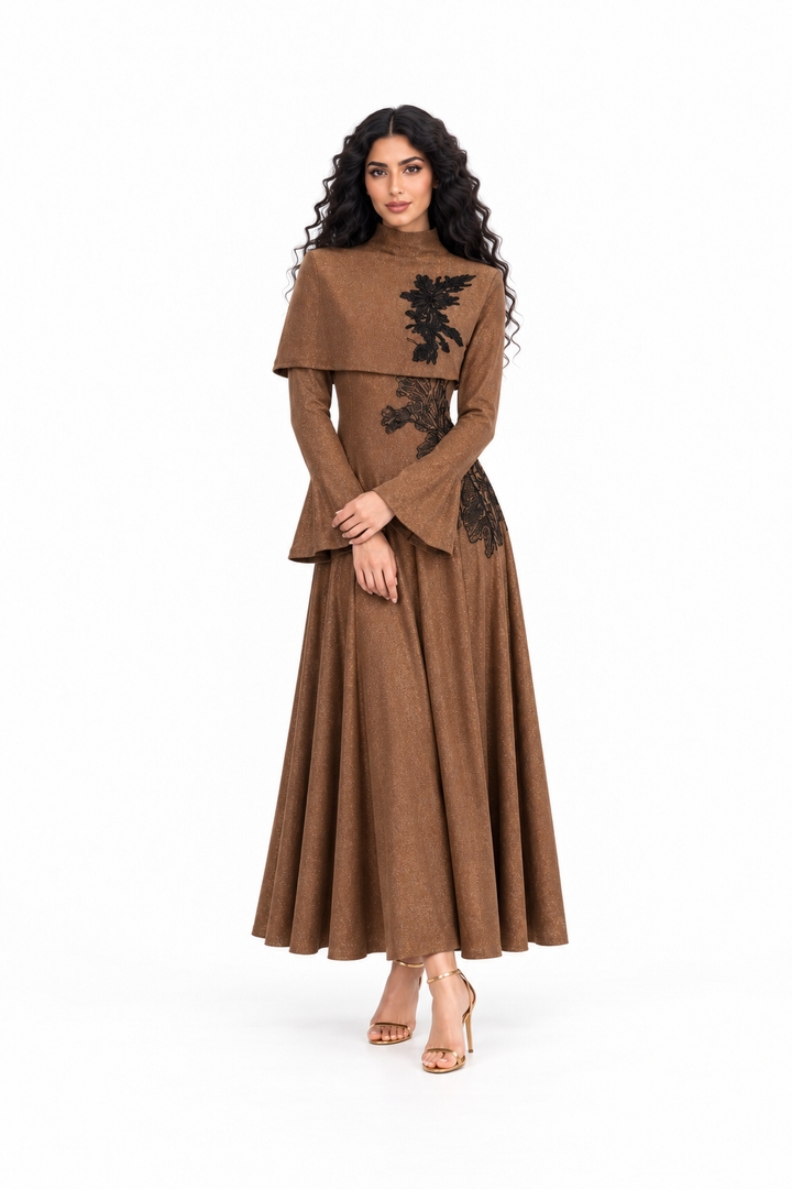 Embroidered Cape Overlay Midi Dress - Mochaire