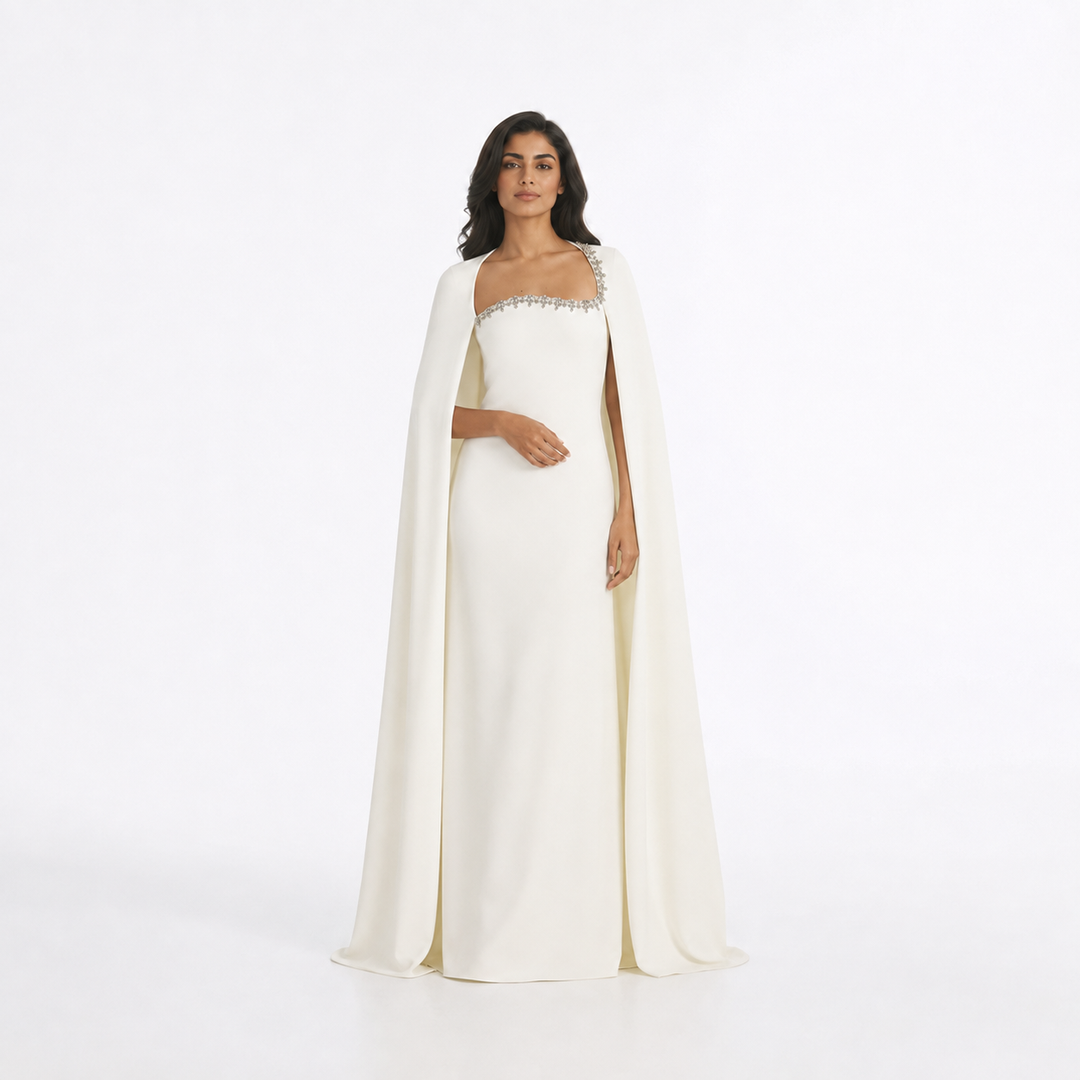 Ivory Crystal Trim Cape Evening Gown – CELESTIA