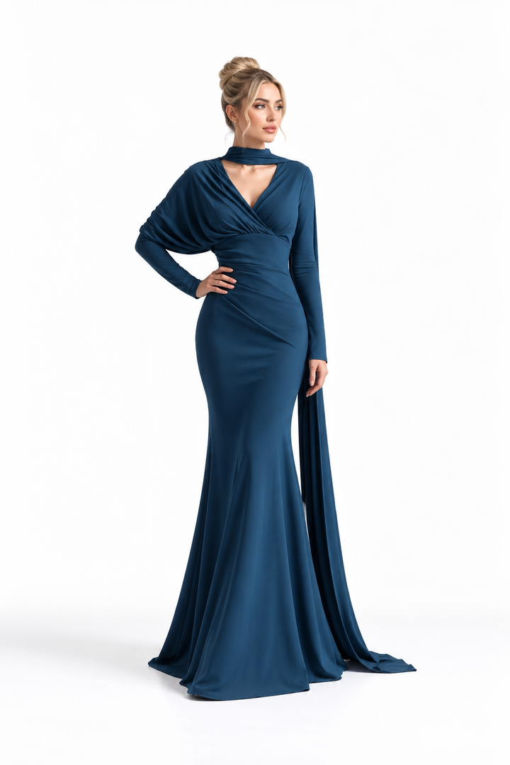 Ruched V-Neck Scarf Evening Gown - Ocevara