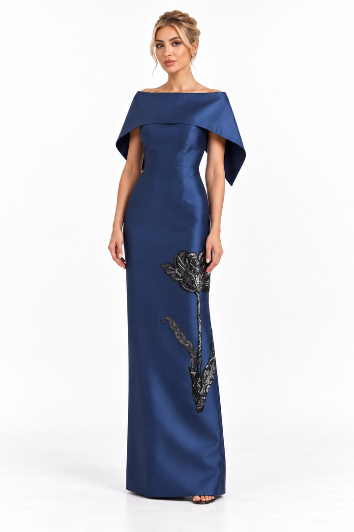Sculpted Cape Neck Column Maxi Dress – Navelle