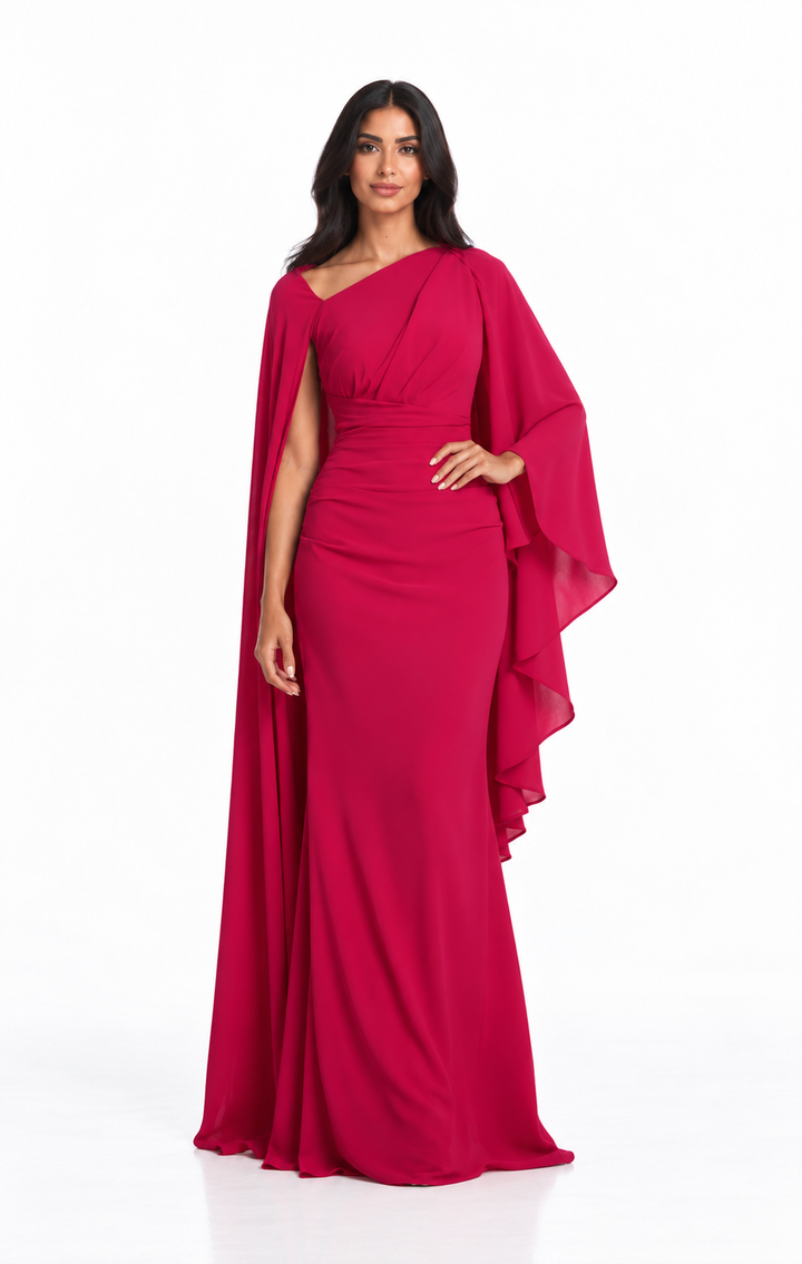 Asymmetric Cape Sleeve Ruched Maxi Dress – Valessa