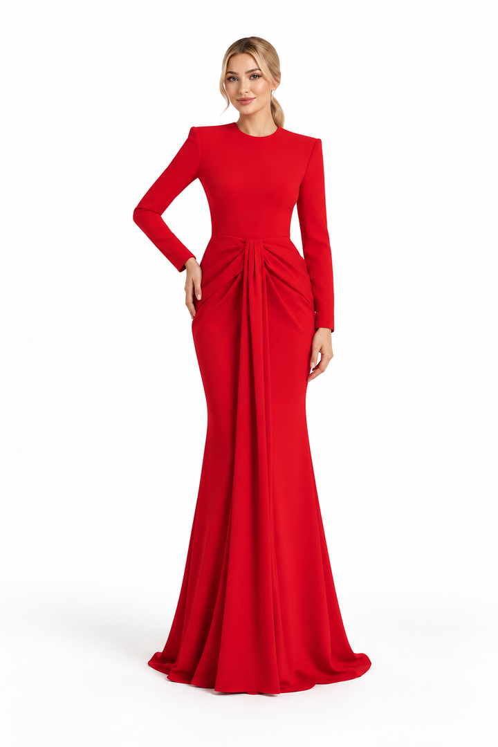 long-sleeve gown with front draped knot – RUBY