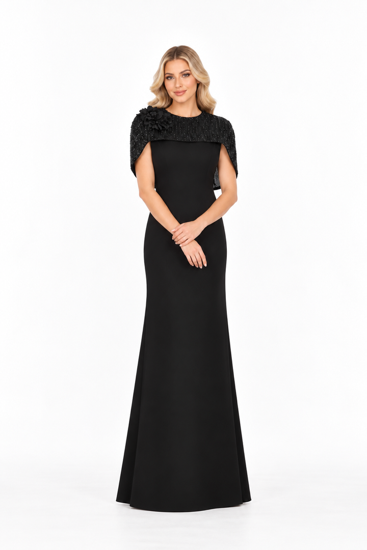 Embellished Cape Shoulder Column Maxi Dress – Lucienne