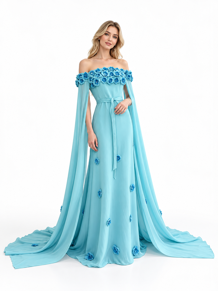 Floral Off-Shoulder Cape Evening Gown - Bellanova