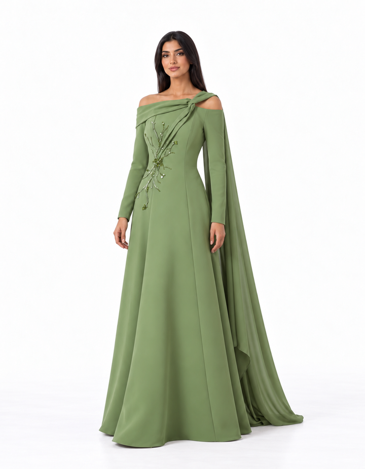 Embellished Off-Shoulder Long Sleeve Maxi Dress – Selvara