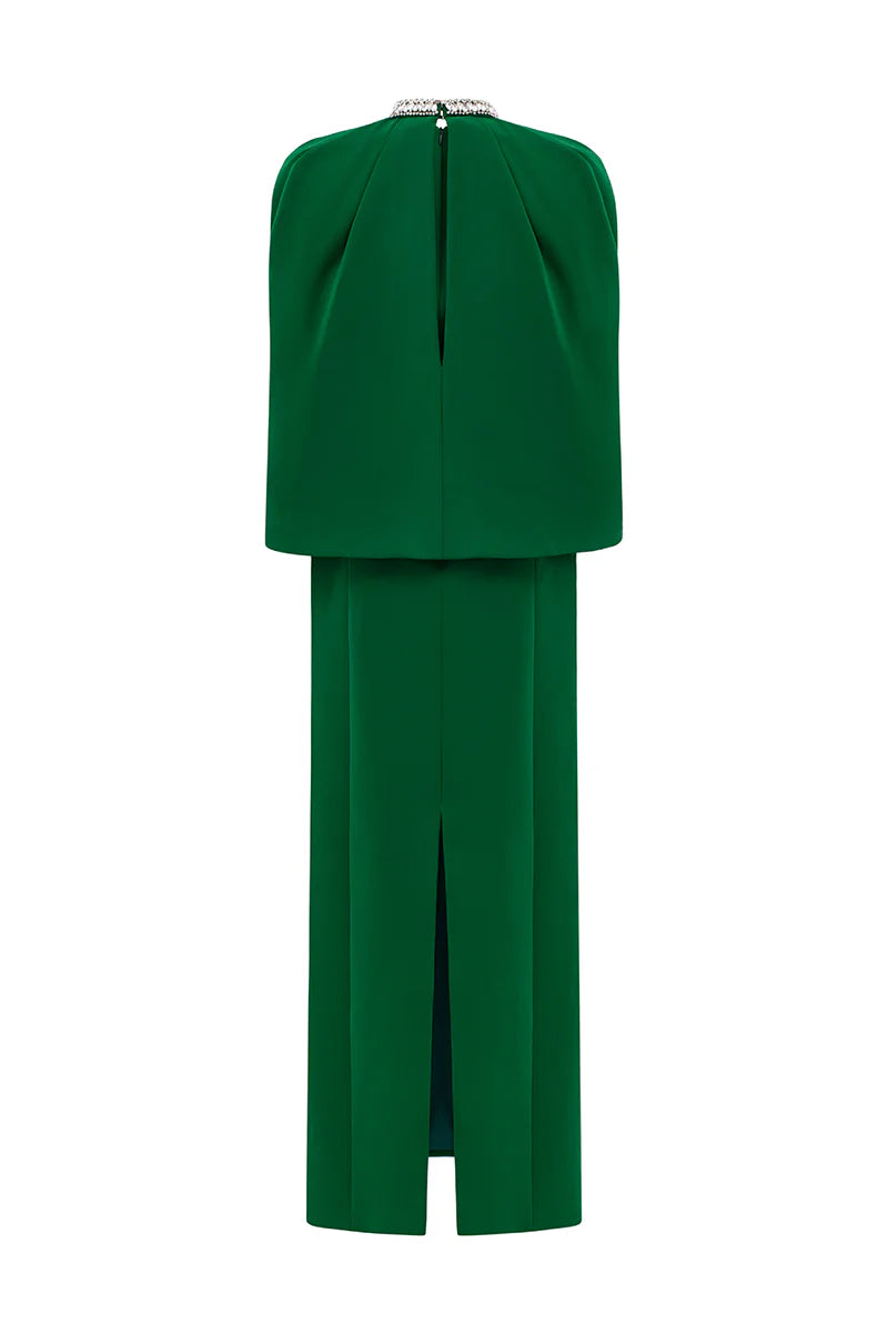 high-neck column gown with draped cape overlay – VERDEH