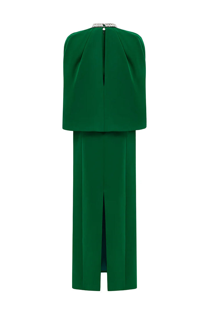 high-neck column gown with draped cape overlay – VERDEH