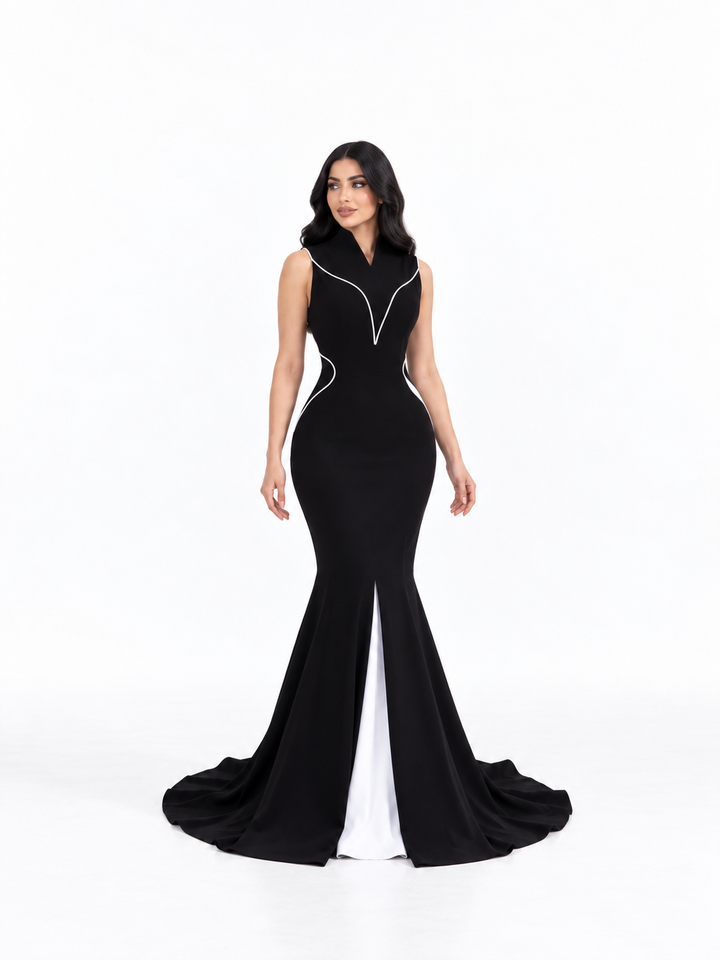 Contrast Piping Mermaid Gown - Onyx