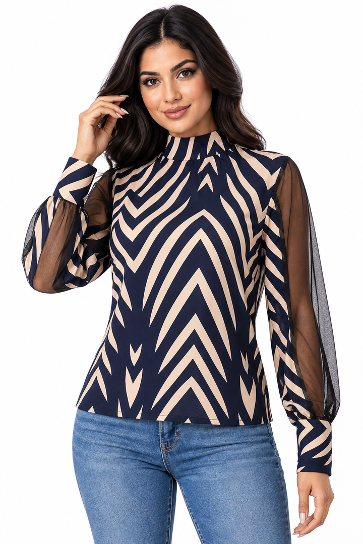 Sheer Sleeve Geometric Print - Blouse
