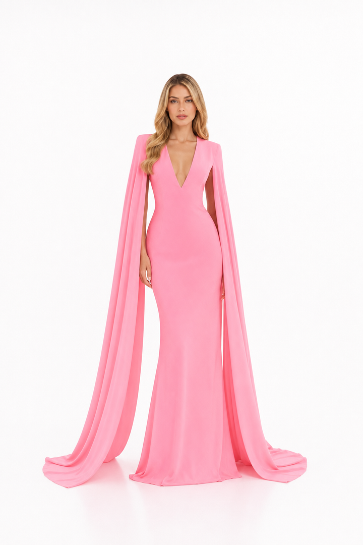 Pink Deep V-Neck Cape Evening Gown – ROSELINE