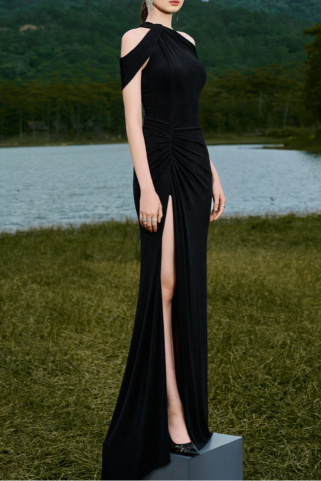off-shoulder draped gown with high slit – SERENA