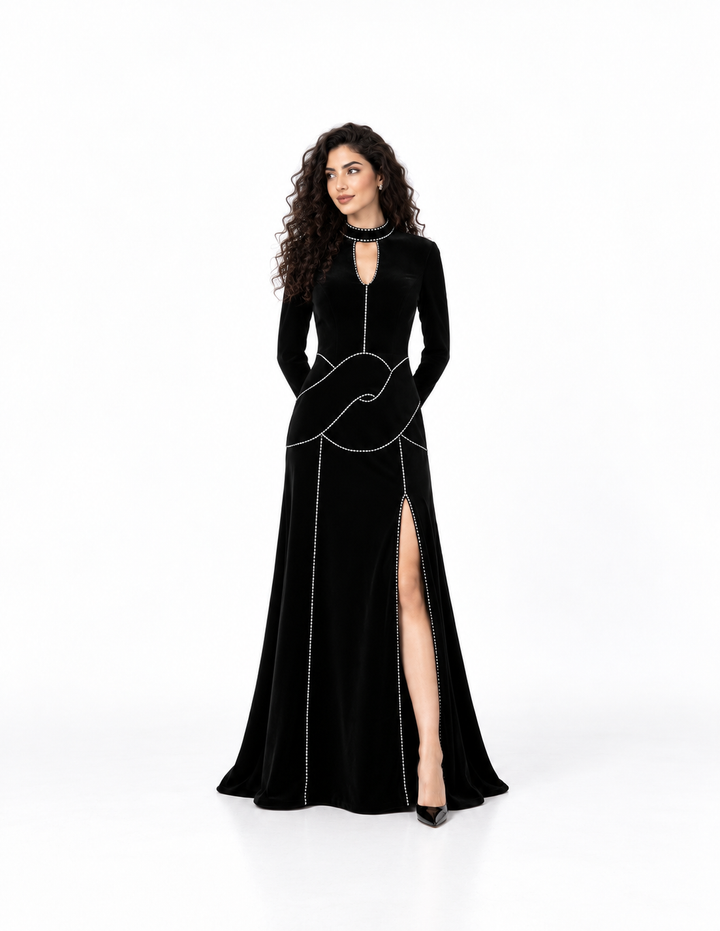 Crystal Trim Peplum Evening Gown - Onyxia
